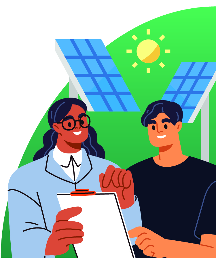 Illustration of two people in front of solar panels and a sun icon.